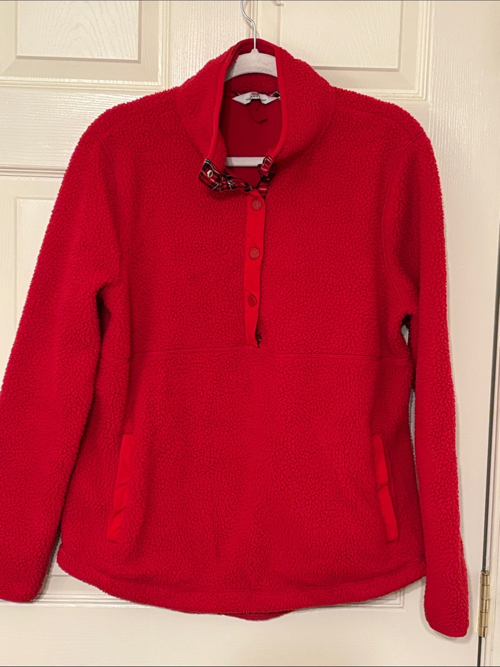 Vineyard Vines Red Sherpa with Plaid Trim Snap‑Placket Pullover